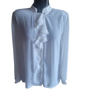 Vintage Semi Sheer White Flounced Long Sleeve Button-Up Blouse Size 16